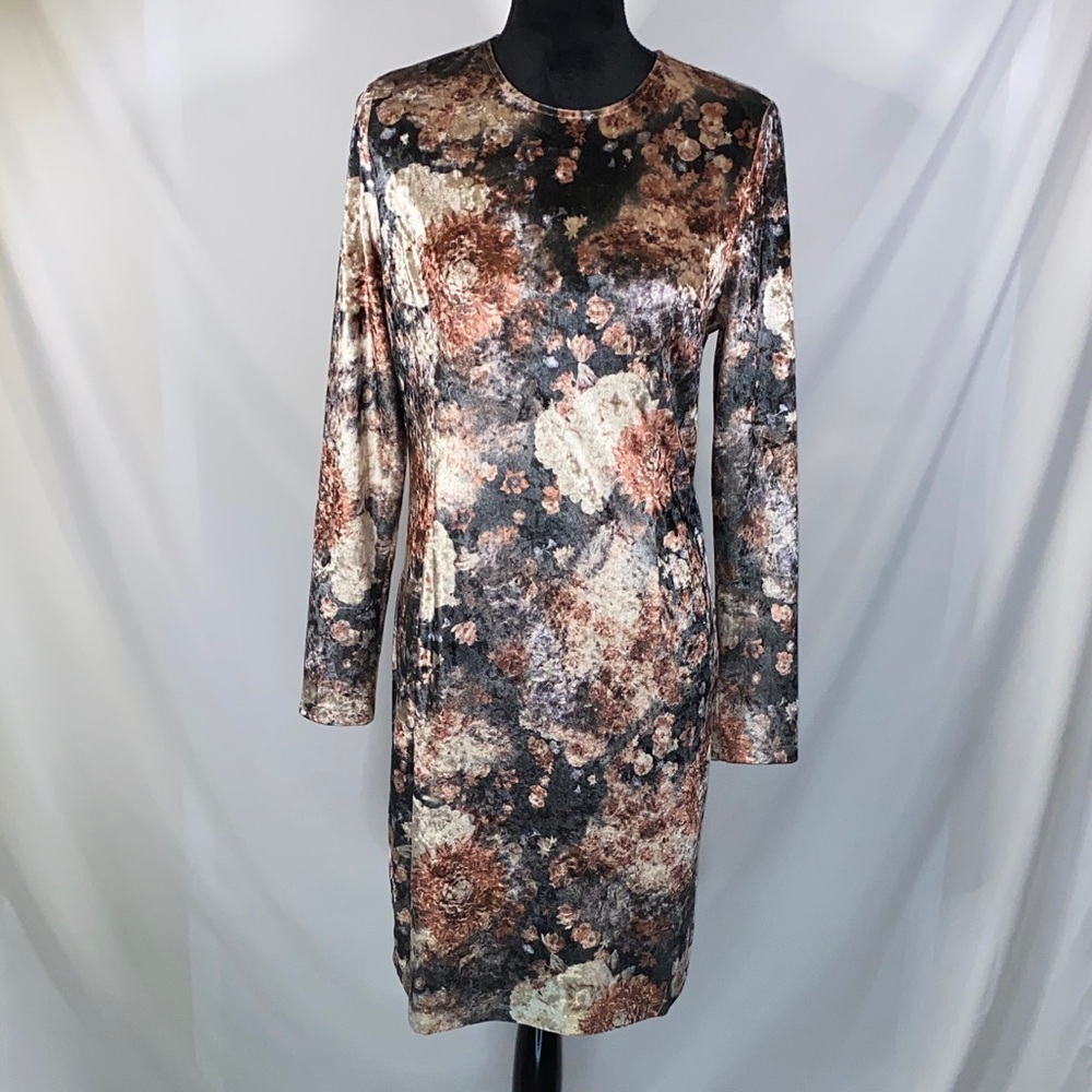 Pink + Sophie Floral Velvet Dress Large L Brown Pink Mini Long Sleeve Fall Cozy